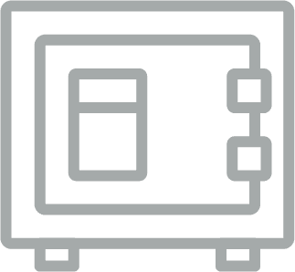 A simple illustration of a square safe with a small window on the door and two square dials or handles on the right side. The safe is outlined in light grey against a dark green background, resembling something you might secure on a lease or move with a forklift.