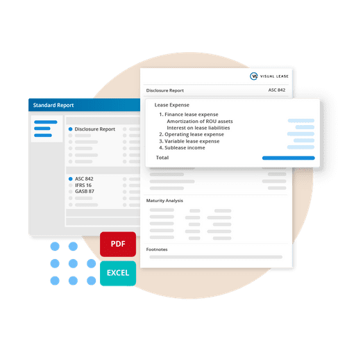 An illustration of financial documents on a beige circular background showcases a Standard Report, Disclosure Report, and Lease Expense details. Icons for PDF and Excel files are situated at the bottom left, indicating lease-related file export options.