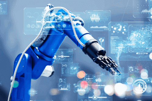 Robotic arm with digital data overlay.